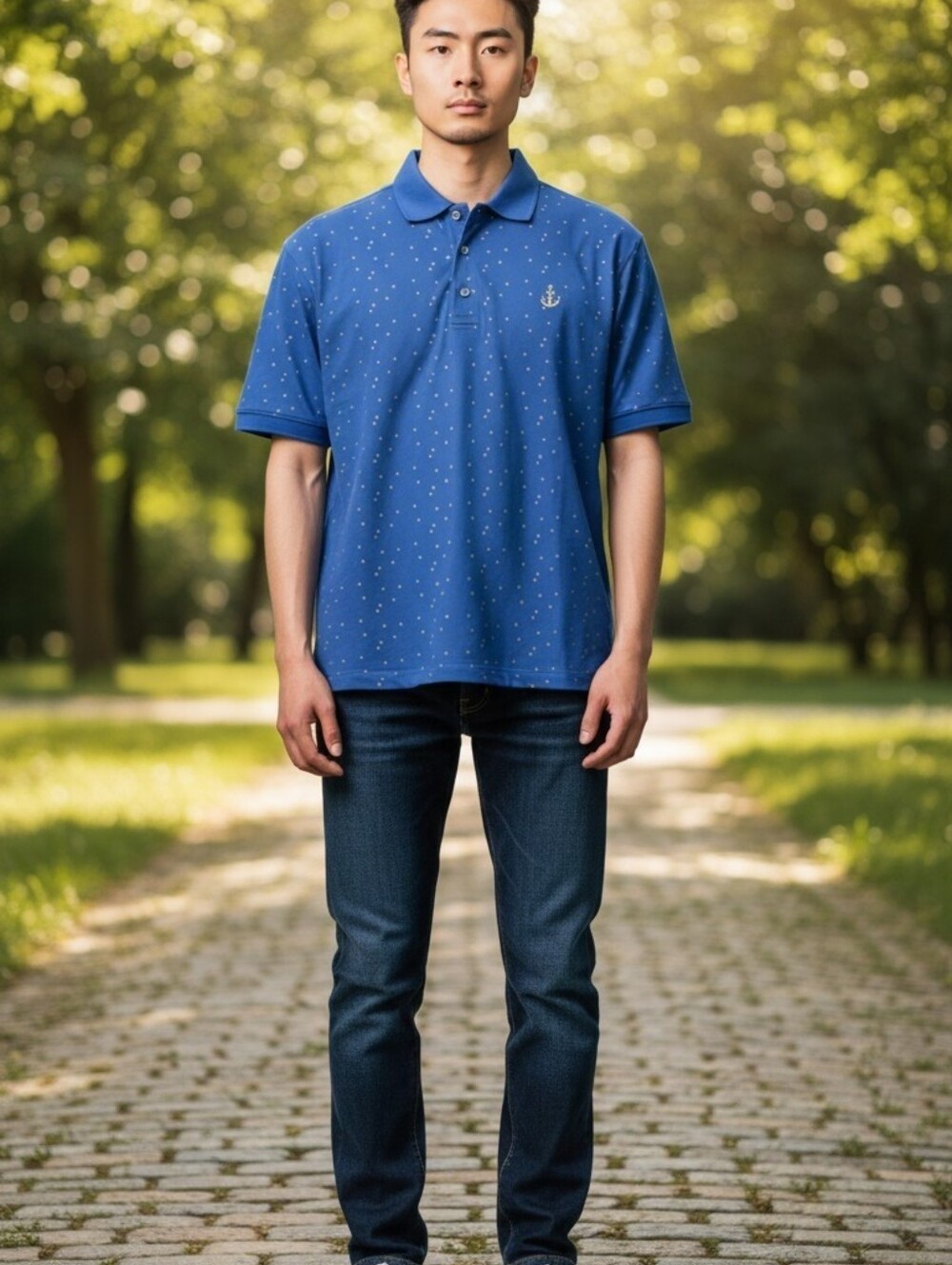 Men's Blue Short-Sleeve Polo with Subtle Dot Print